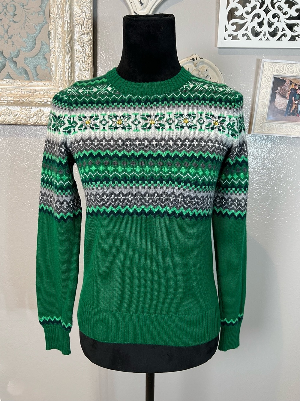 The Limited Green Fair Isle Crewneck Sweater with Rhinestone embellishments